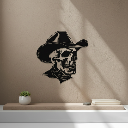 Skull with Cowboy Hat Wall Art — 3D printed western edgy design, shown in home setting — Creative3D Novelties