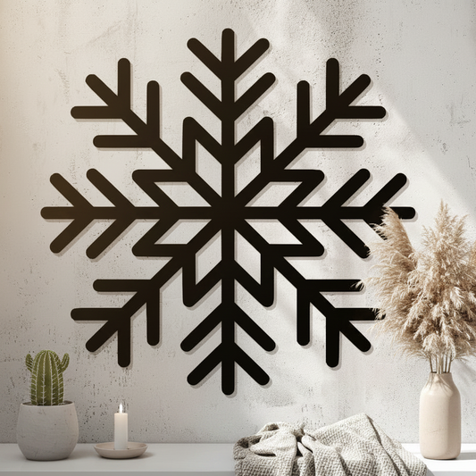 Snowflake Wall Art in black mounted in a cosy Scandinavian winter living room with pampas grass and candle — Creative3DNovelties