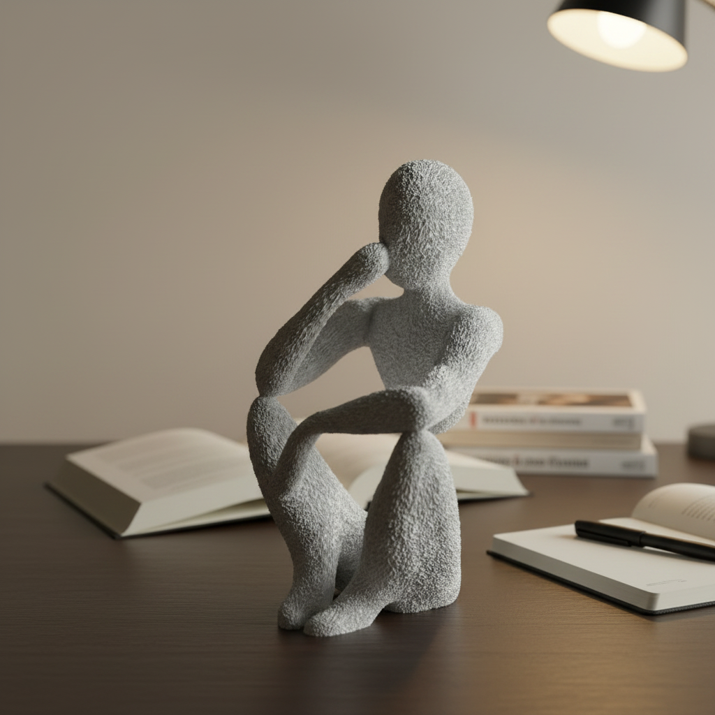 NObody Sculpture The Thinker 3D printed figurine on a study desk with books — contemplative desk art