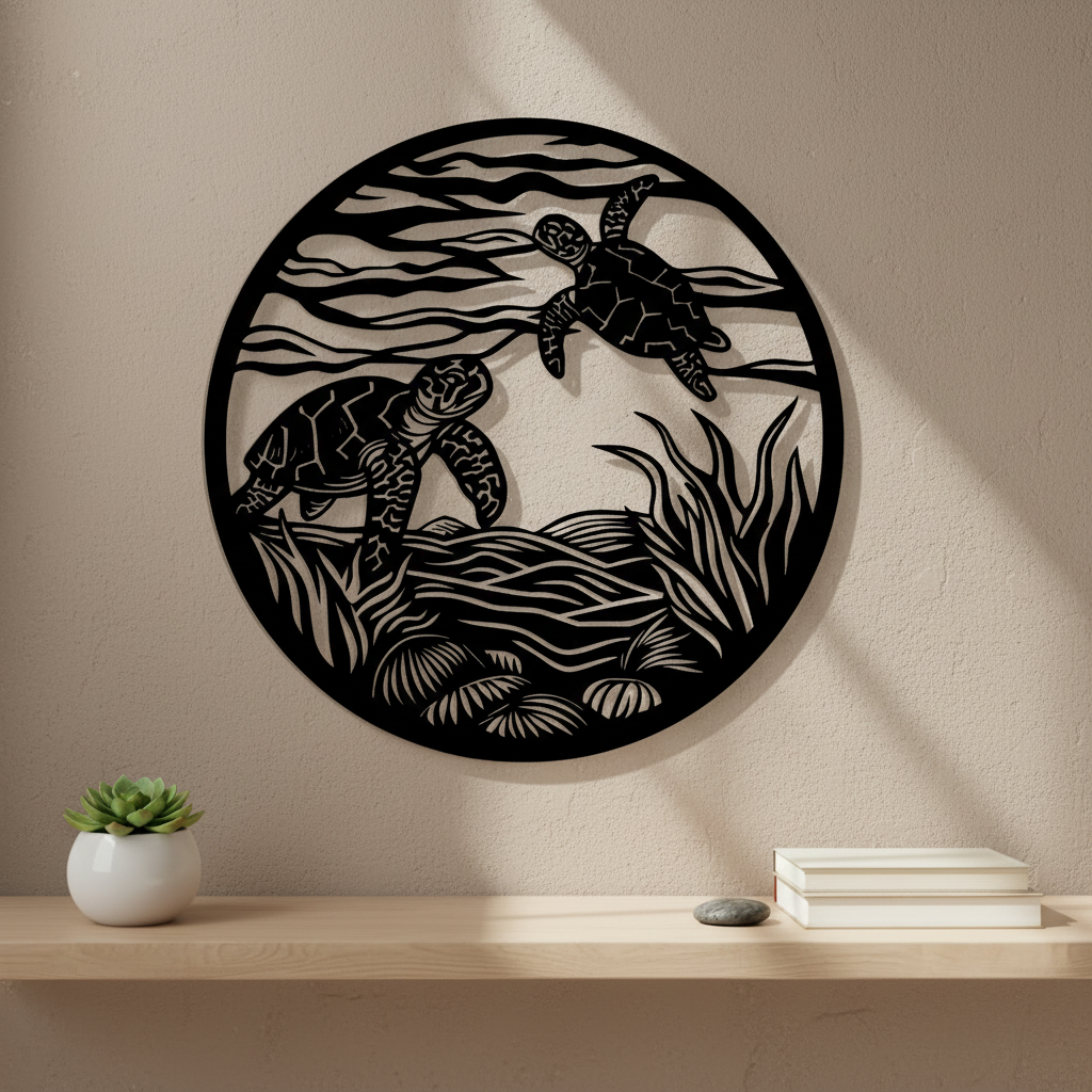 Turtles in the Ocean Wall Art — 3D printed marine life design, shown in home setting — Creative3D Novelties