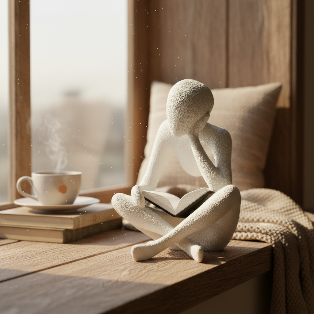 NObody Sculpture The Reader 3D printed figurine on a window sill with tea — cosy reading scene