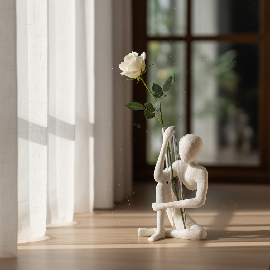 NObody Bloom sculpture with flower stem on a windowsill in soft moody daylight — NObody Collection