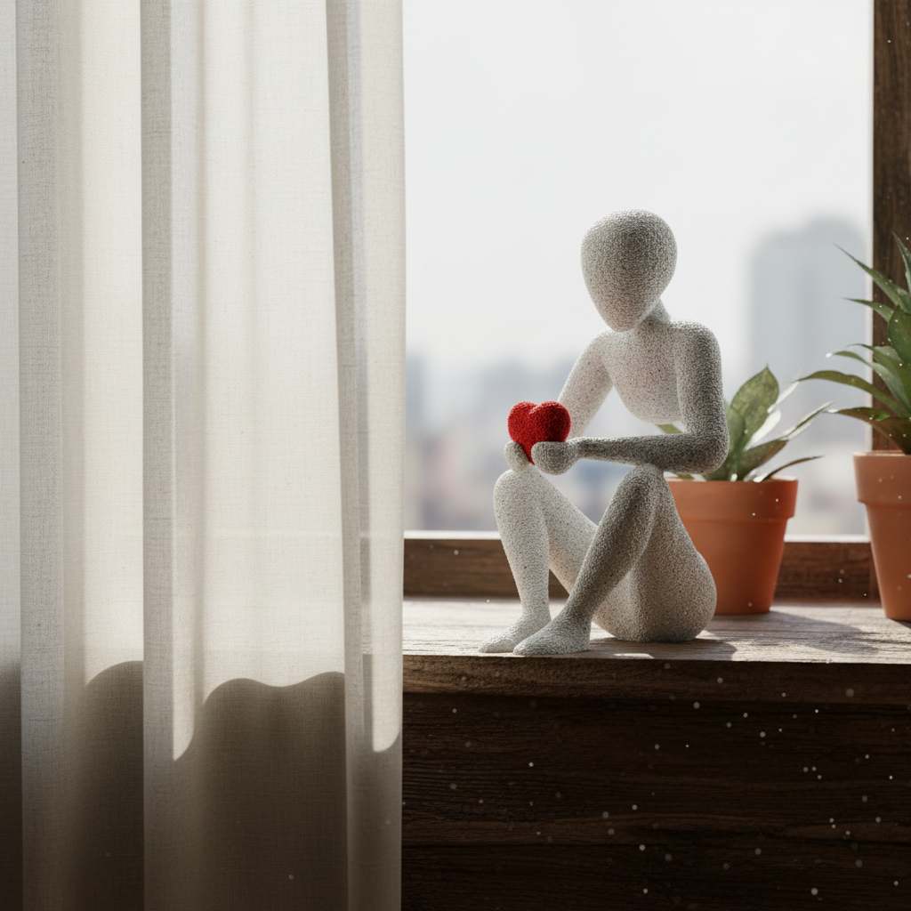 NObody Love's Embrace sculpture on a windowsill in soft moody daylight — NObody Collection