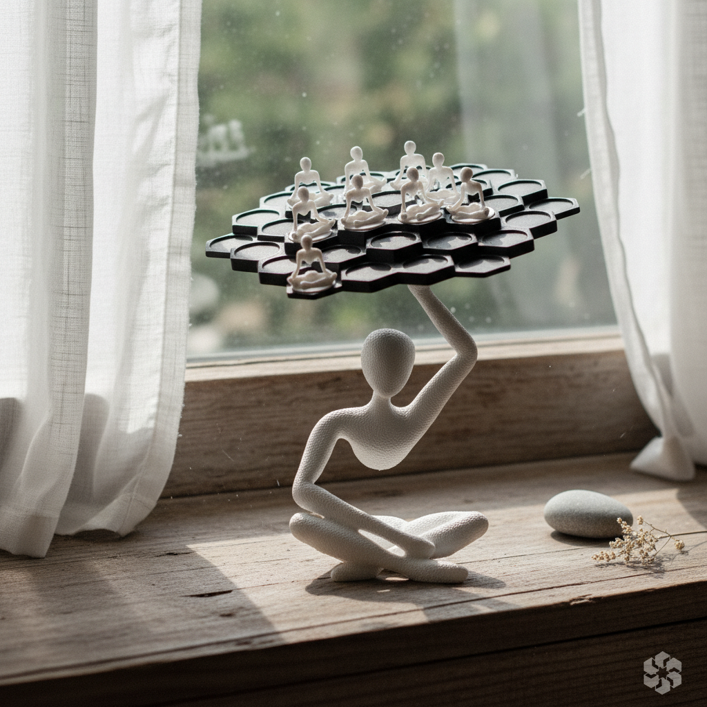 NObody Balance Game sculpture on a windowsill in soft moody daylight — NObody Collection