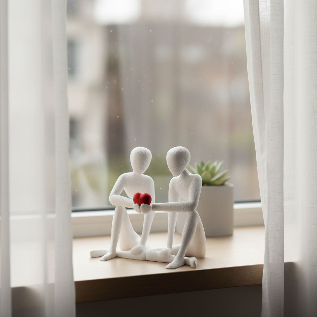 NObody Valentine sculpture on a windowsill in soft moody daylight — NObody Collection