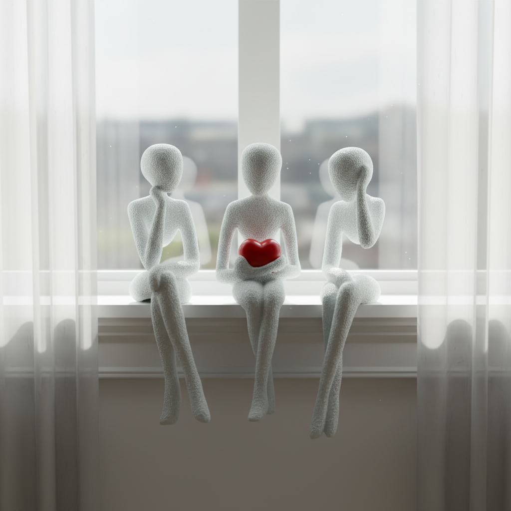 NObody Shelf Sitter Trio sculptures on a windowsill in soft moody daylight — NObody Collection