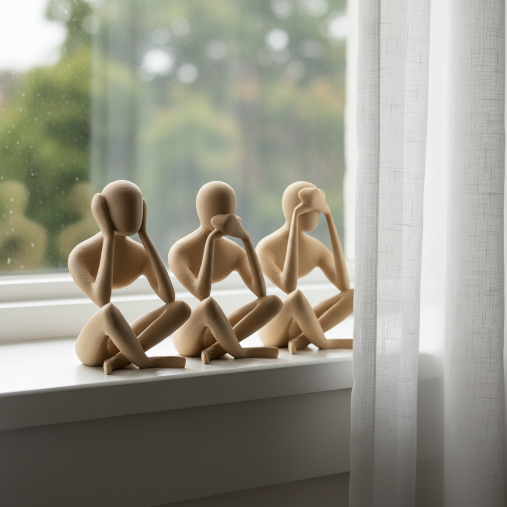 NObody No Evil Trio sculptures on a windowsill in soft moody daylight — NObody Collection