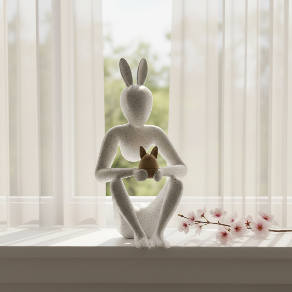 NObody Egg's Embrace sculpture on a windowsill in soft spring daylight with blossom — NObody Collection
