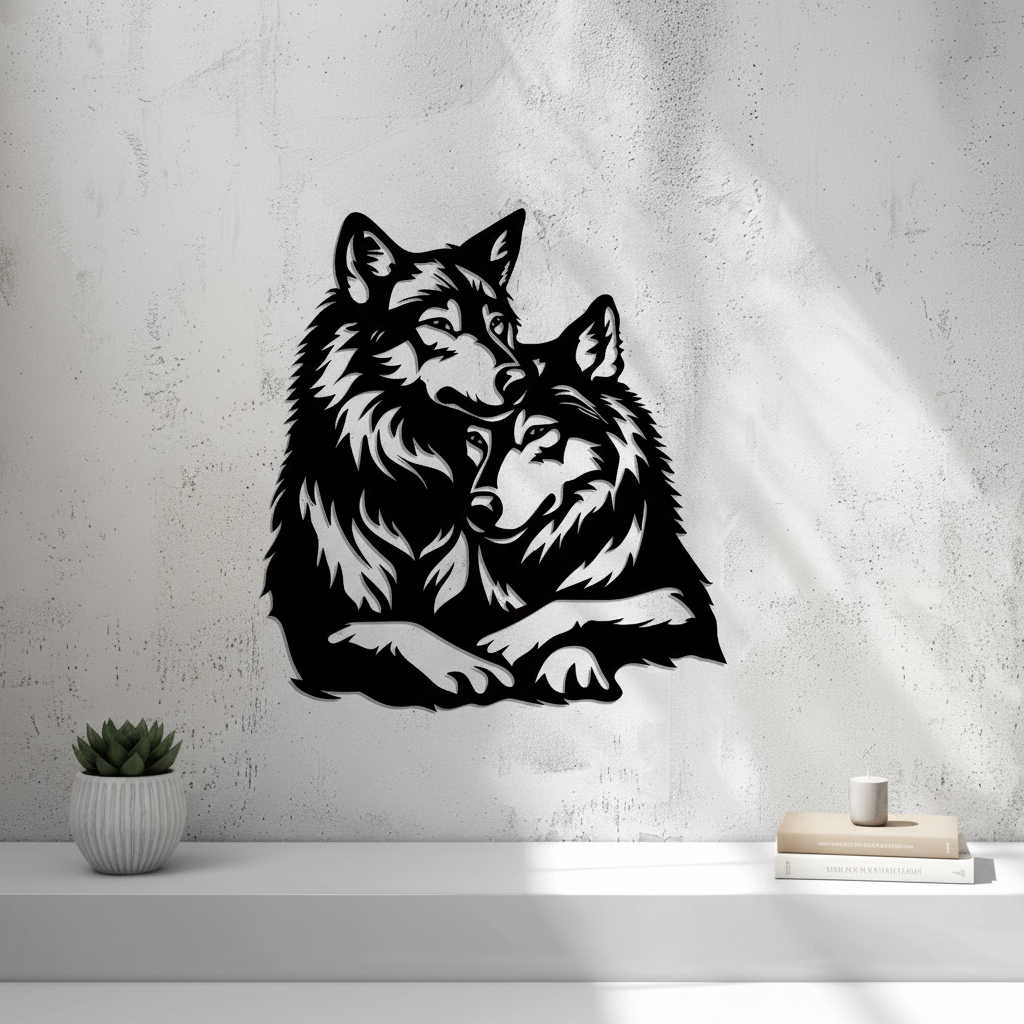Wolf Couple Wall Art — 3D printed wild romance design, shown in home setting — Creative3D Novelties